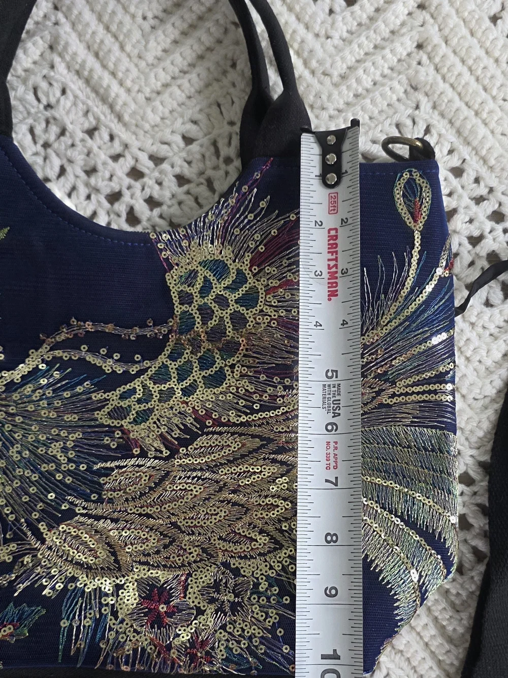 NWT Navy Blue Peacock Embroidered Sequin Beaded Top Handle Crossbody Bag